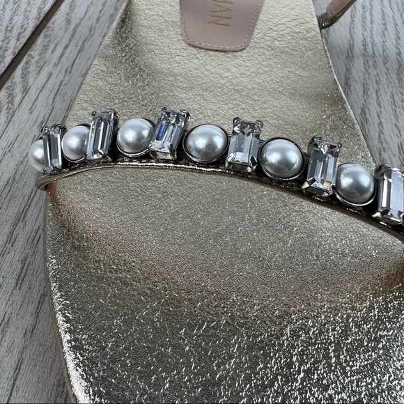 Stuart Weitzman Aleena Shine Pearl & Gem Embellished Flat Sandals 9 Platino $450 - Picture 3 of 11